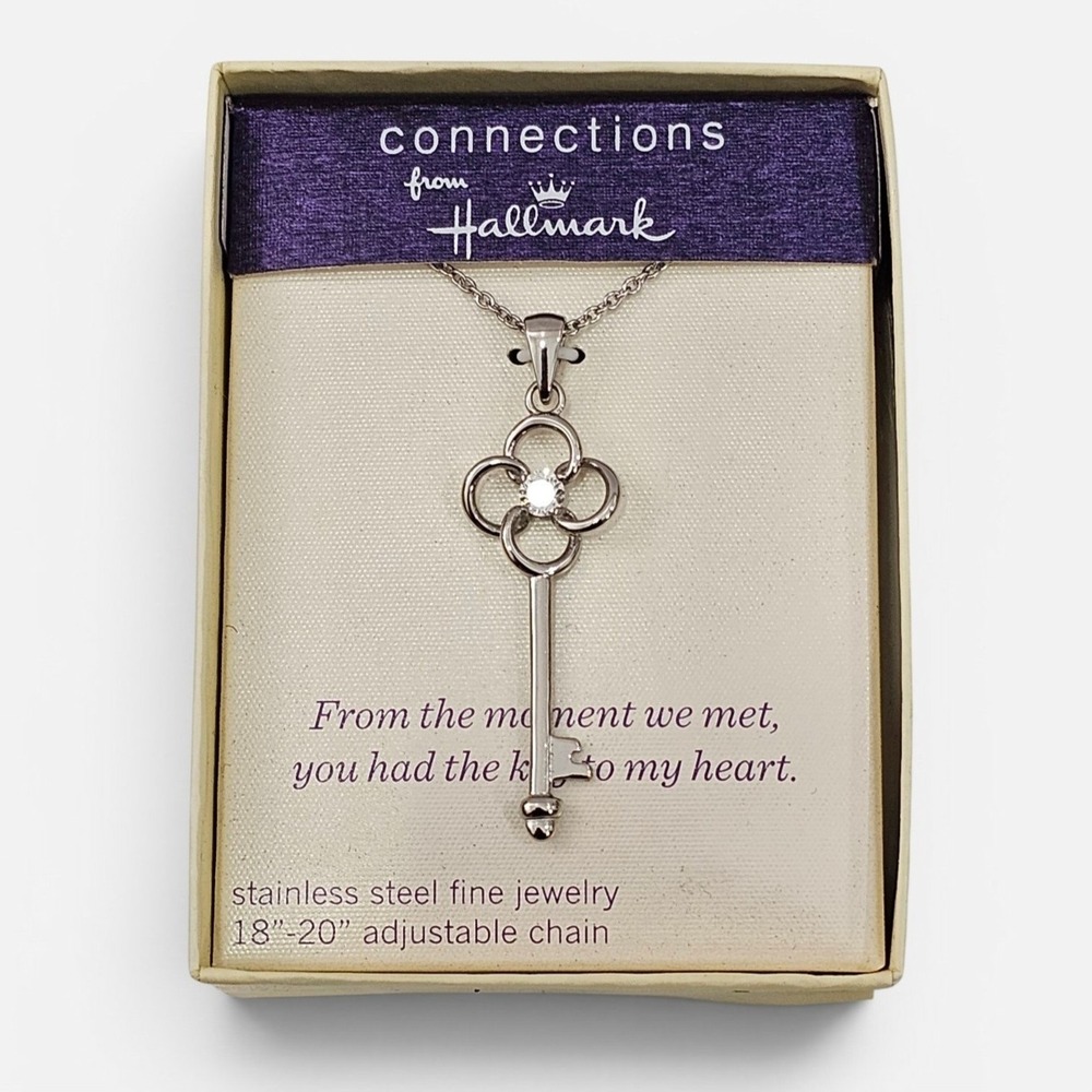 Hallmark Key to My Heart Flower Key CZ Pendant Necklace Stainless Steel NIB